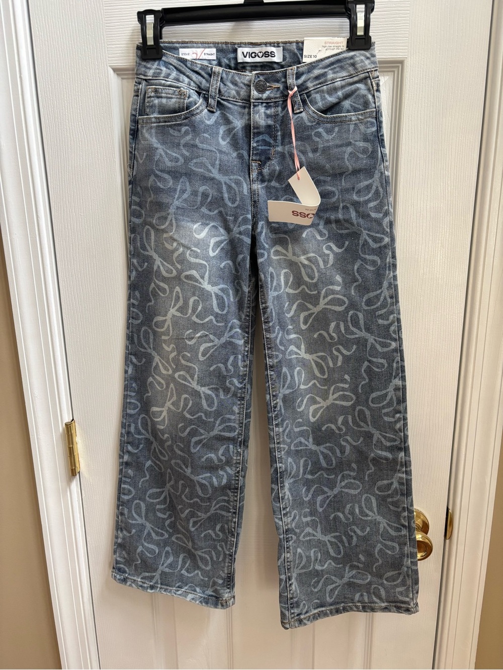 Vigoss Young Girl Light Blue Bow Patterned Wide-Leg Jeans, Size 10, NWT